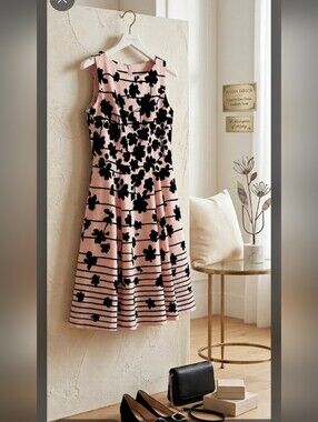 Julian Taylor Pink and Black Floral Lined Dress, Size 14